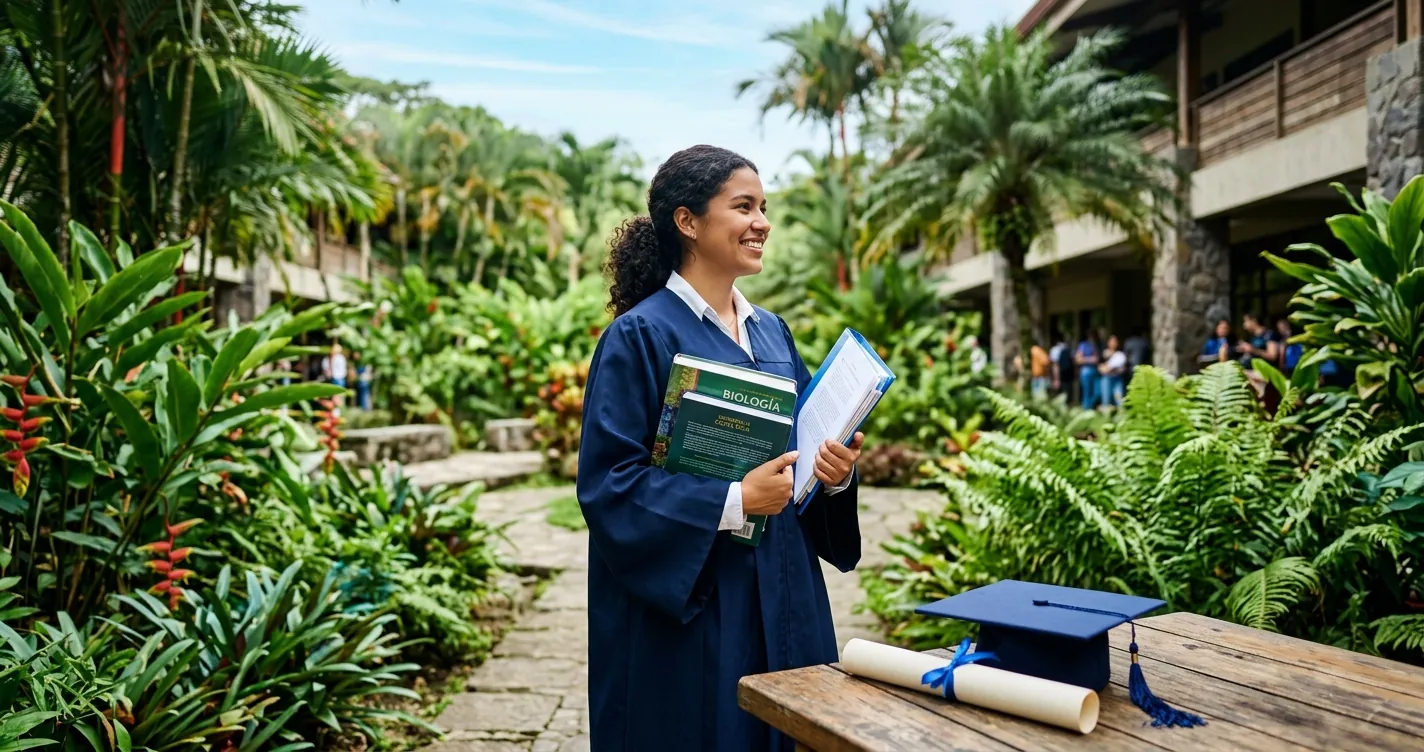 Becas universitarias Costa Rica - Estudiante en campus con libros y diploma simbólico