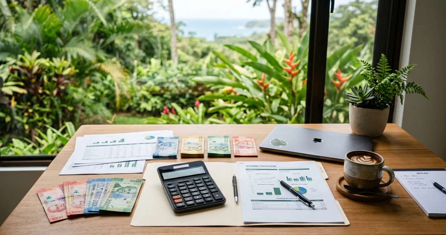 Préstamos personales en Costa Rica - Billetes de colones y calculadora sobre escritorio financiero