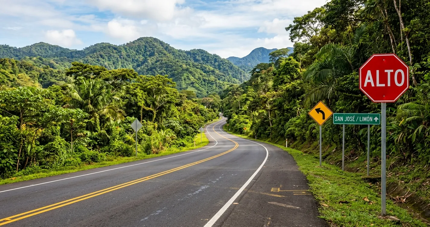 Señales de tránsito en Costa Rica - Carretera con señalización vial reglamentaria, preventiva e informativa