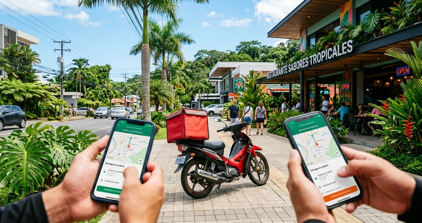 Uber Eats en Costa Rica - Repartidor de delivery con motocicleta y caja térmica frente a restaurante