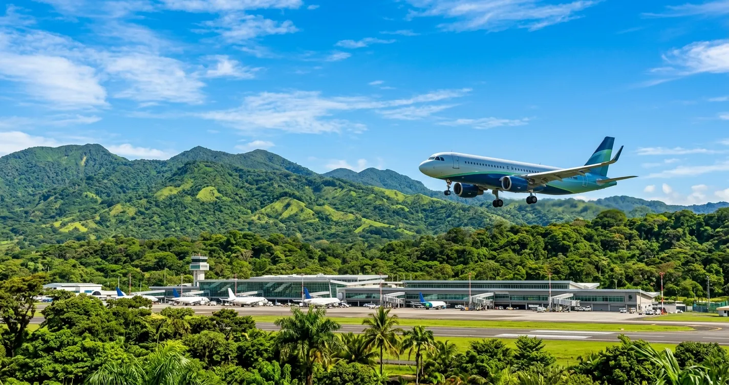 Oficinas de Avianca en Costa Rica - Aeropuerto Internacional Juan Santamaría con avión y paisaje tropical