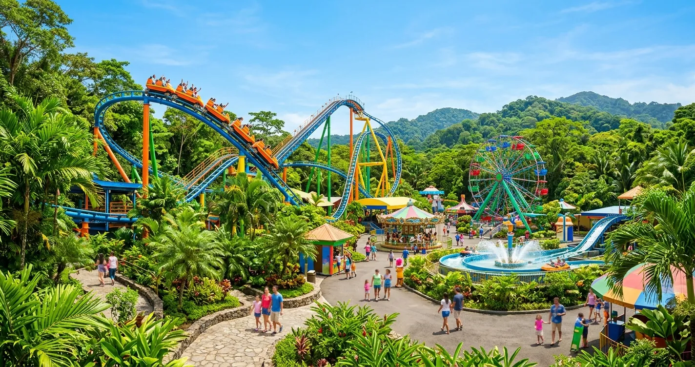 Parque Nacional de Diversiones en Costa Rica - Atracciones mecánicas y montaña rusa del parque en La Uruca