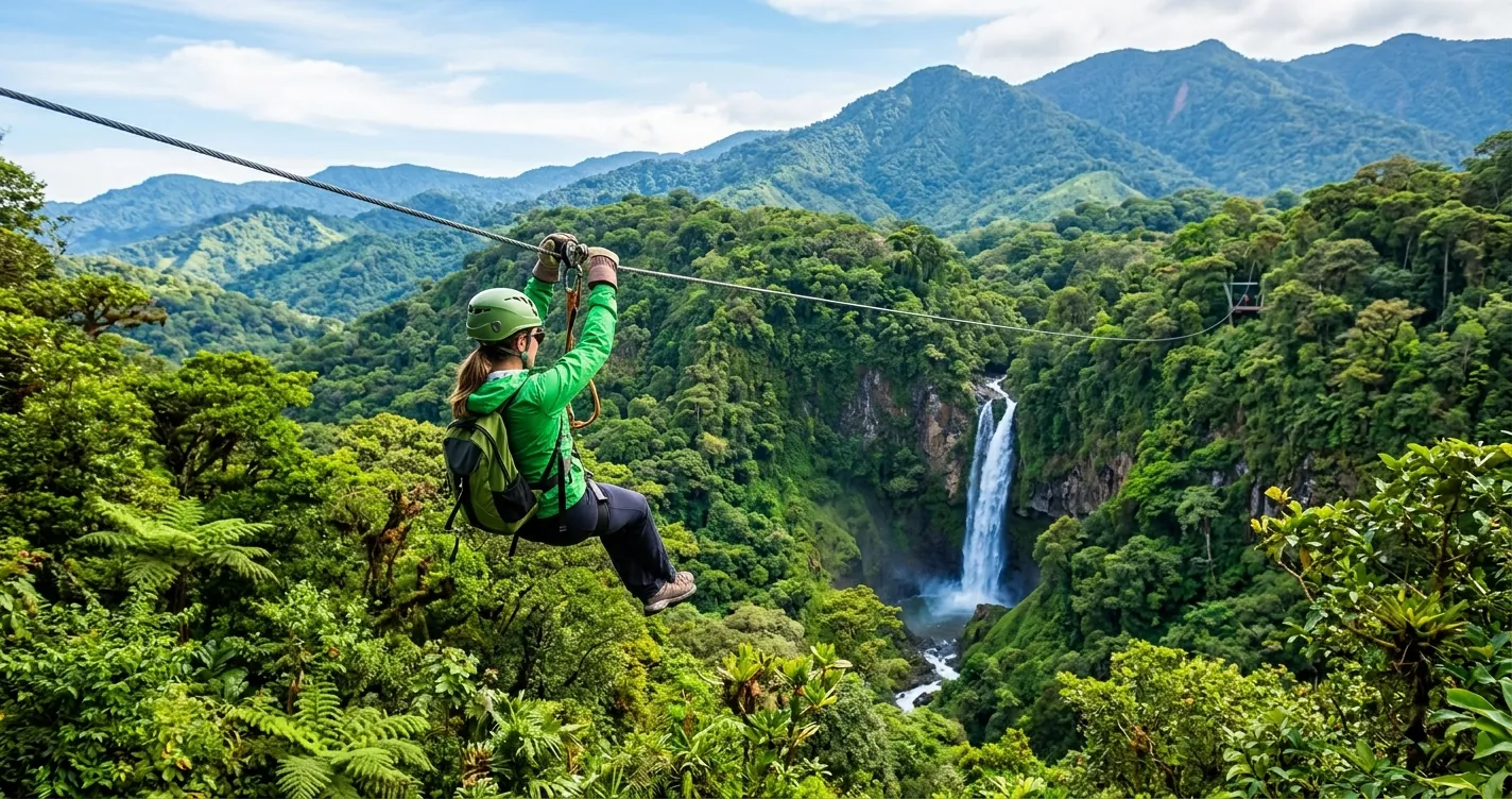 Turismo de aventura en Costa Rica: canopy sobre bosque tropical verde