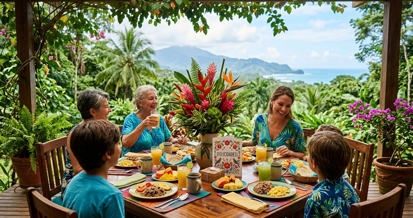 Dia de las Madres en Costa Rica - mesa con flores y desayuno para celebrar el 15 de agosto