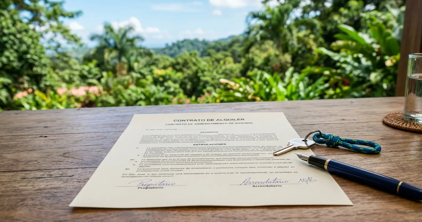 Contrato de alquiler en Costa Rica sobre escritorio con llave de casa