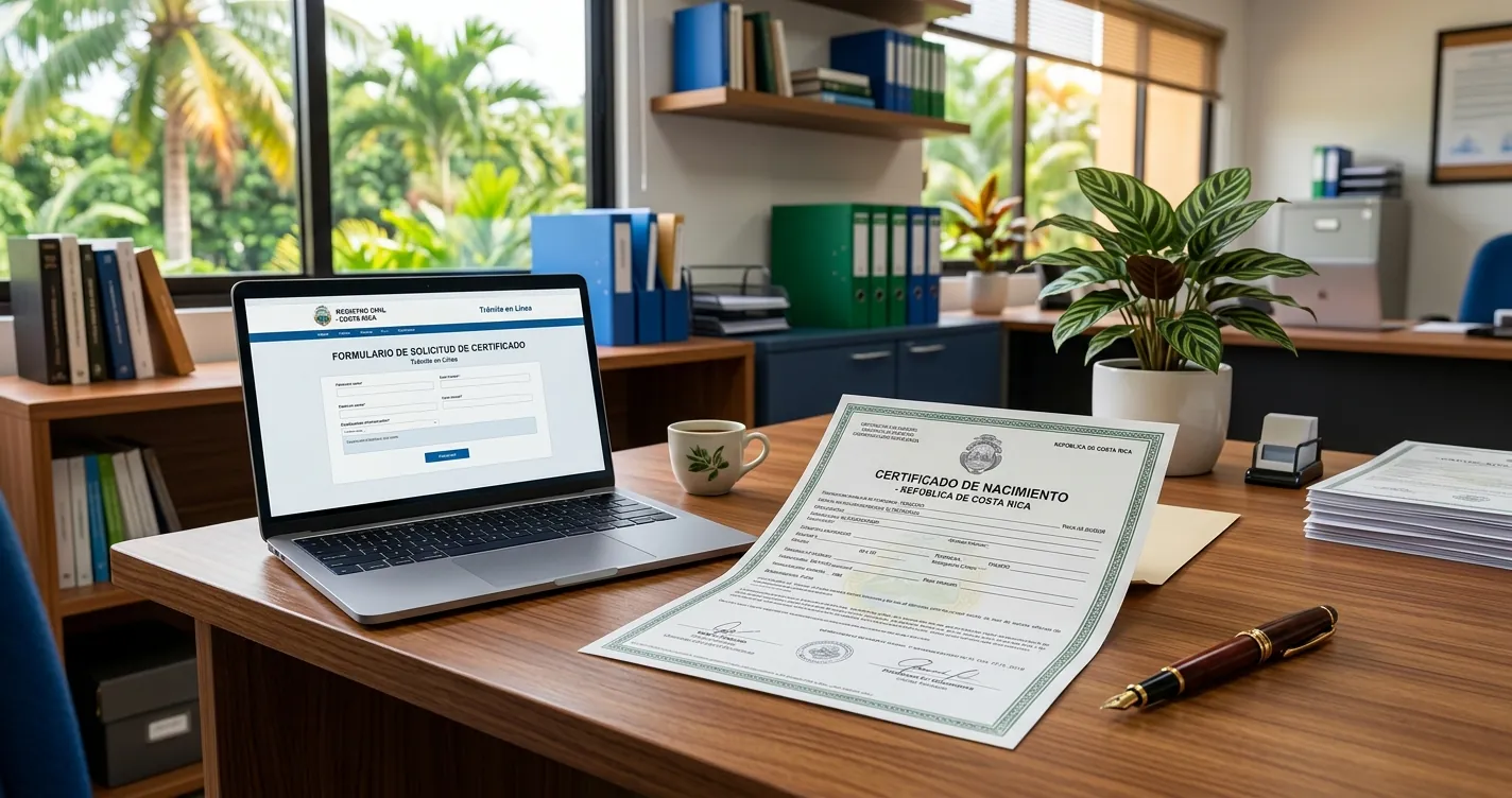 Certificado de nacimiento en Costa Rica sobre escritorio con computadora para tramite en linea
