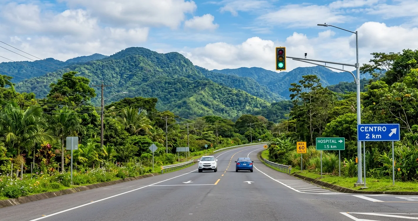 Seguridad vial en Costa Rica - carretera con señales de tránsito y límites de velocidad