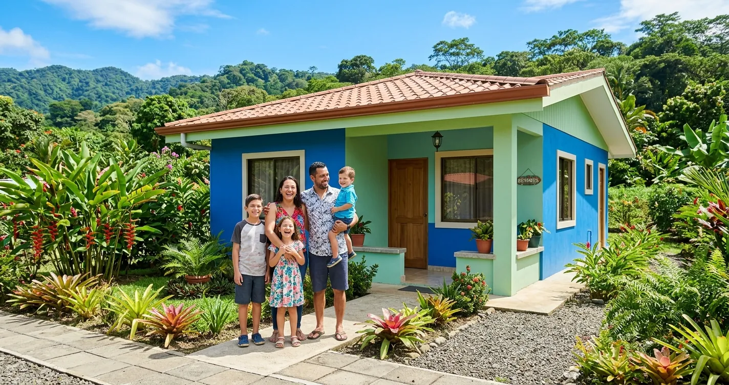 Familia frente a casa nueva gracias al subsidio de vivienda bono BANHVI en Costa Rica