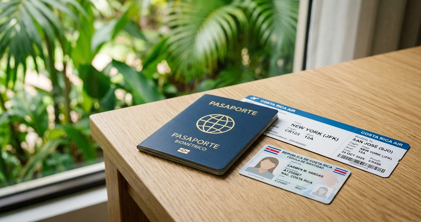 Requisitos para renovar el pasaporte en Costa Rica - Pasaporte biométrico y cédula de identidad sobre escritorio