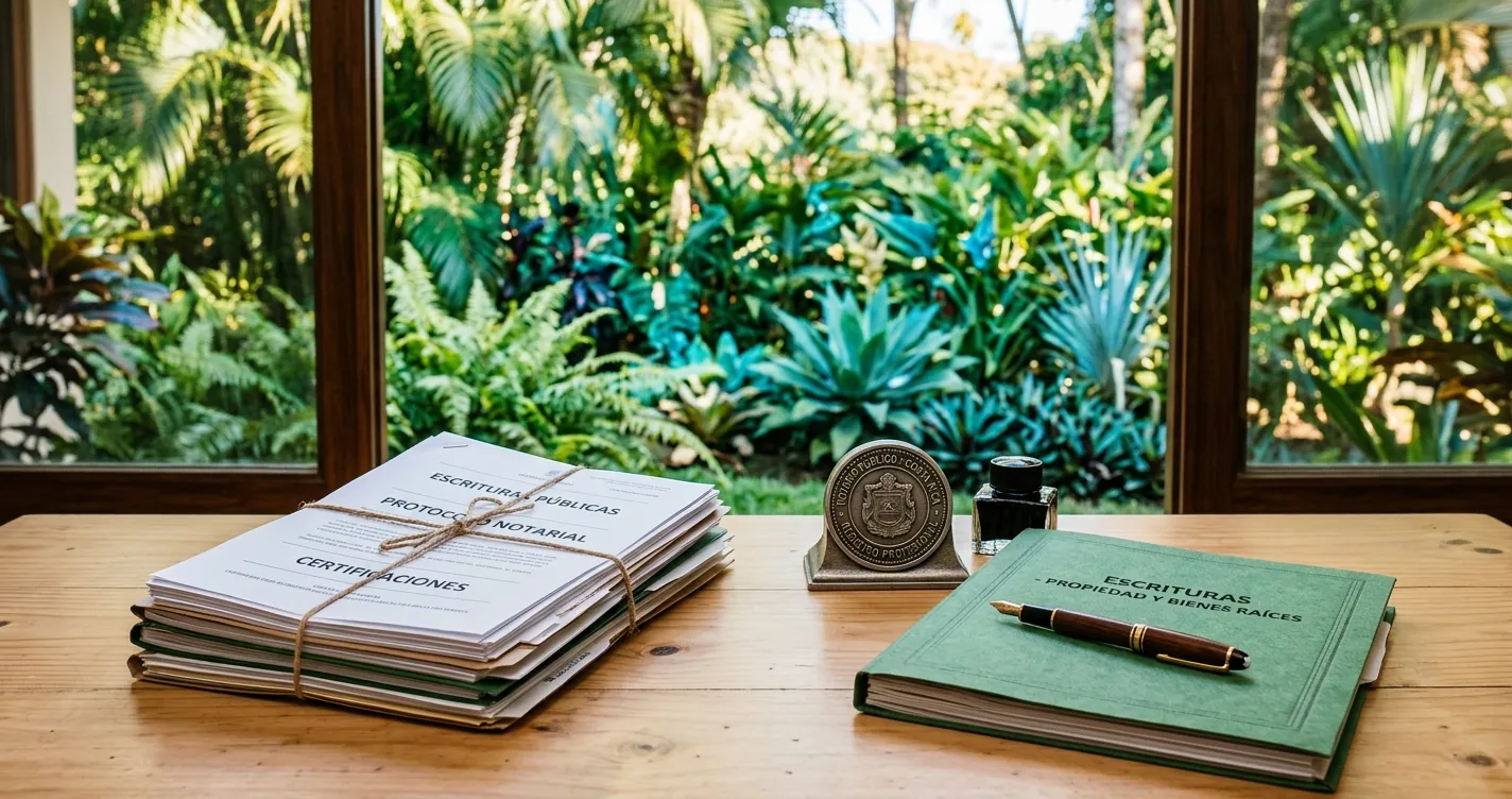 Herencia en Costa Rica y proceso sucesorio - documentos legales y sello notarial sobre un escritorio