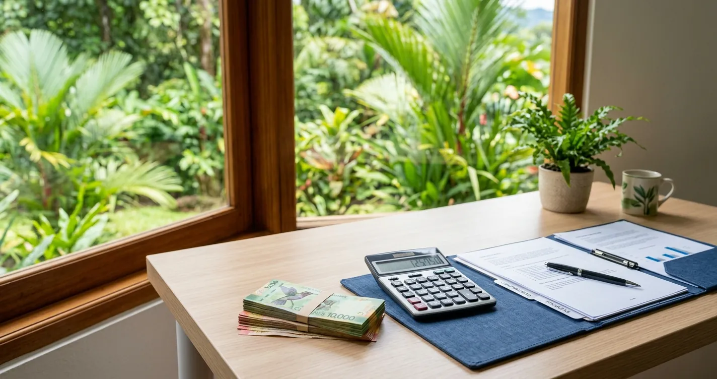 Cesantía en Costa Rica - Cálculo de indemnización laboral con calculadora y colones sobre escritorio