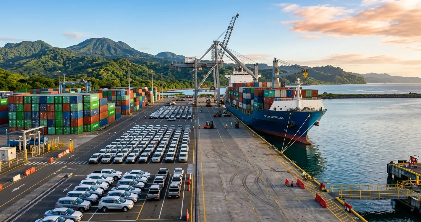 Importar vehículo a Costa Rica - Automóviles en muelle portuario tropical listos para trámite de aduanas