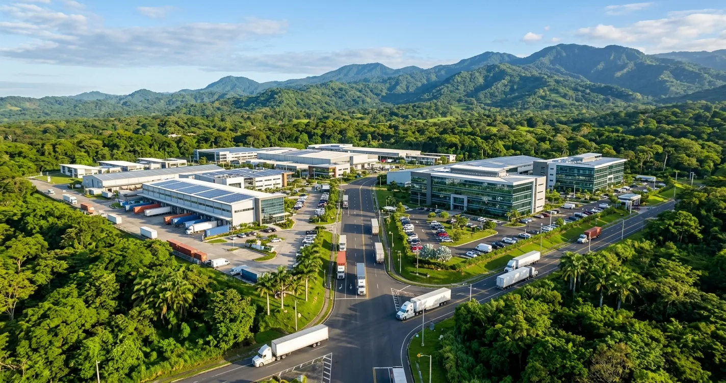 Globalización en Costa Rica - Parque industrial de zona franca rodeado de vegetación tropical costarricense