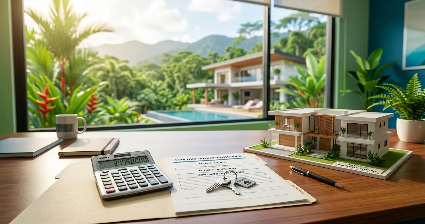 Hipotecas en Costa Rica - Documentos de crédito hipotecario y llaves de casa sobre escritorio bancario