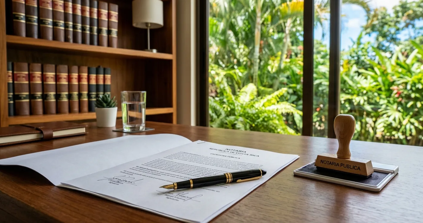 Documento legal y pluma sobre un escritorio de notaria que ilustra como hacer un testamento en Costa Rica