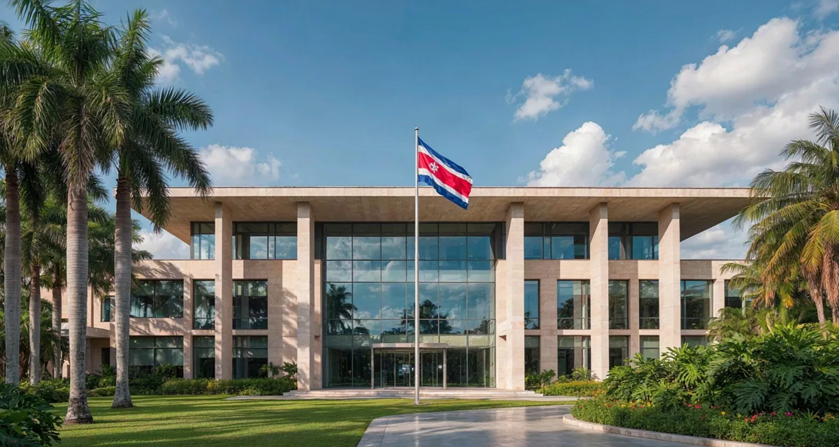 Division de poderes en Costa Rica - Edificio institucional y bandera que representan el equilibrio entre los poderes del Estado