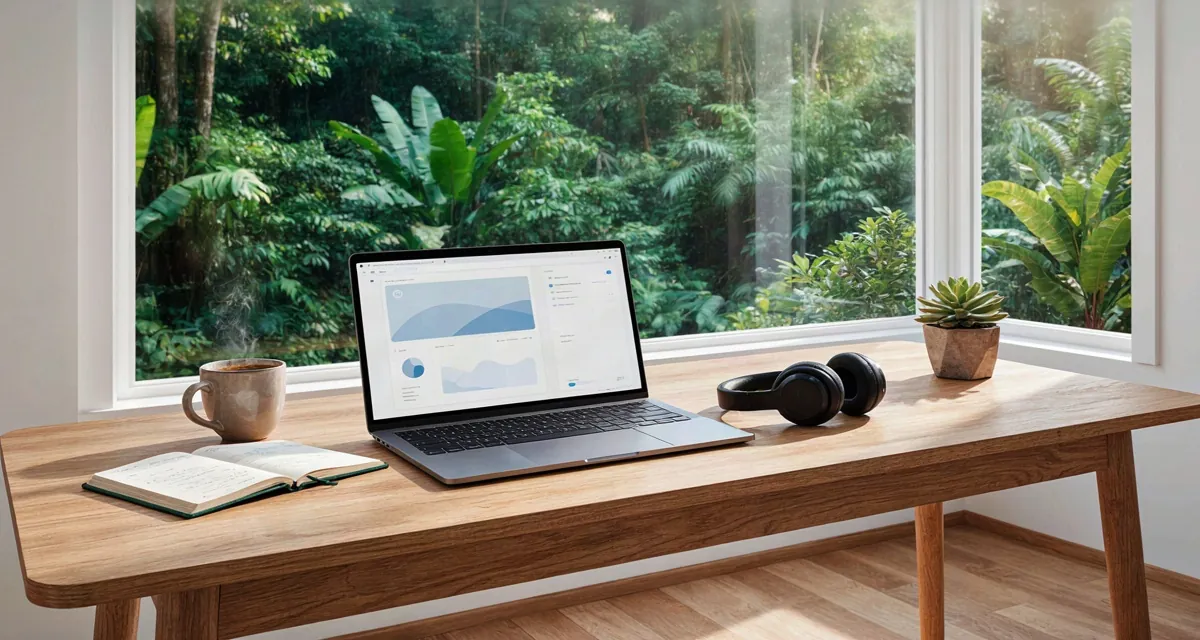 Escritorio de trabajo en casa con laptop y vegetación tropical al fondo, imagen sobre teletrabajo costa rica y la Ley 9738